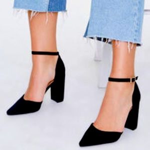 Black buckle block heels